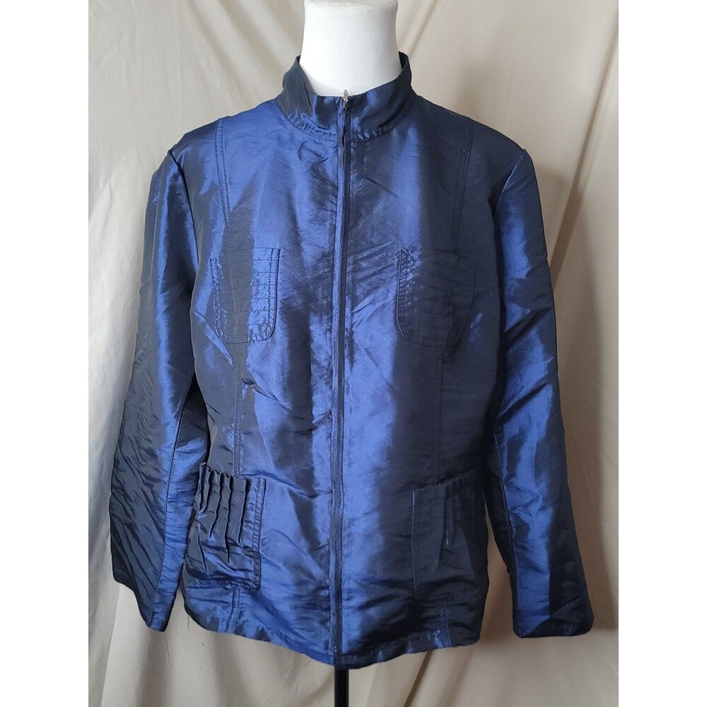 Chicos Blue Shimmer Jacket Womens Size 2 Large Zip Front Lightweight Evening